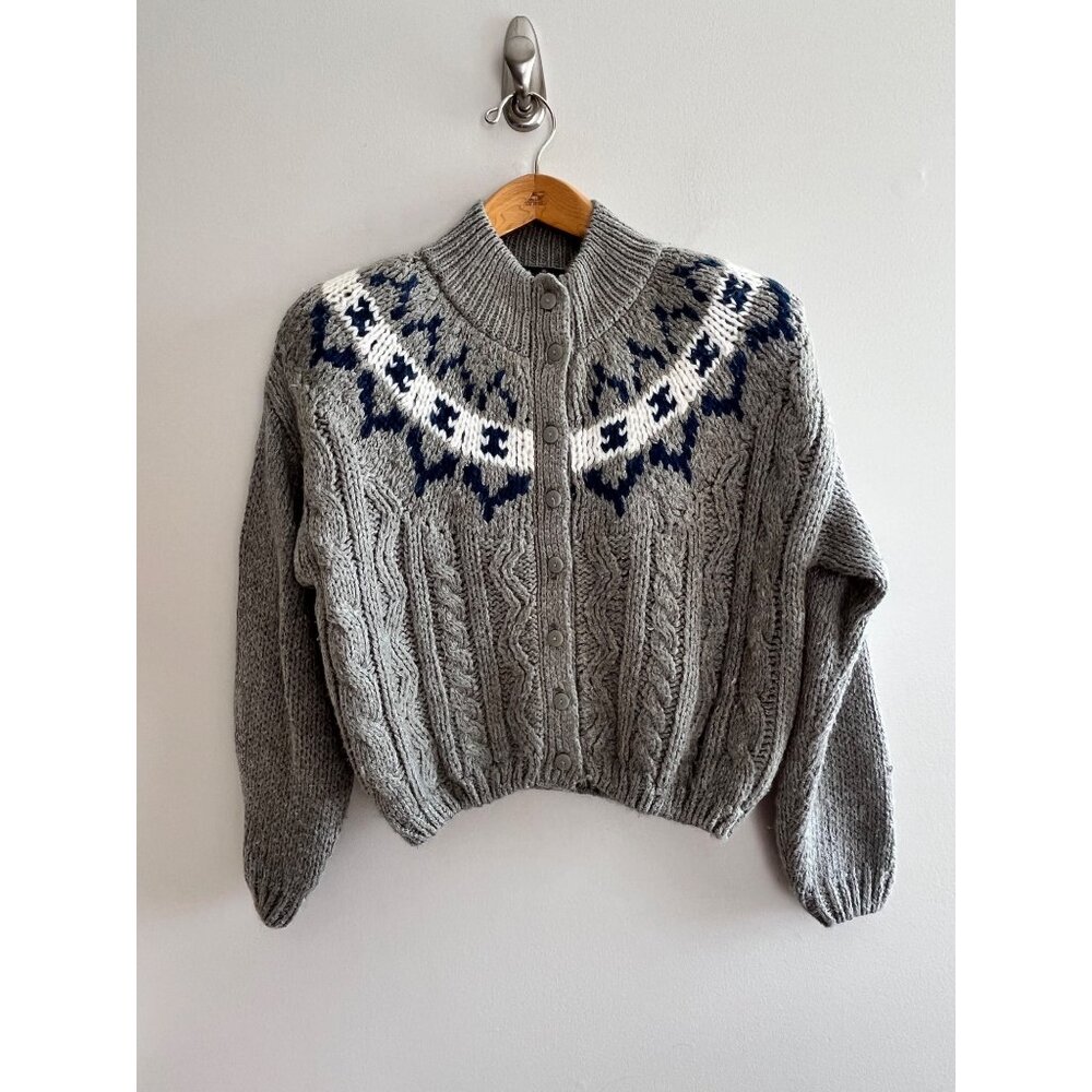 VTG Adesso Cardigan Sweater Womens M Gray Fair Isle Chunky Knit Button Up 80s